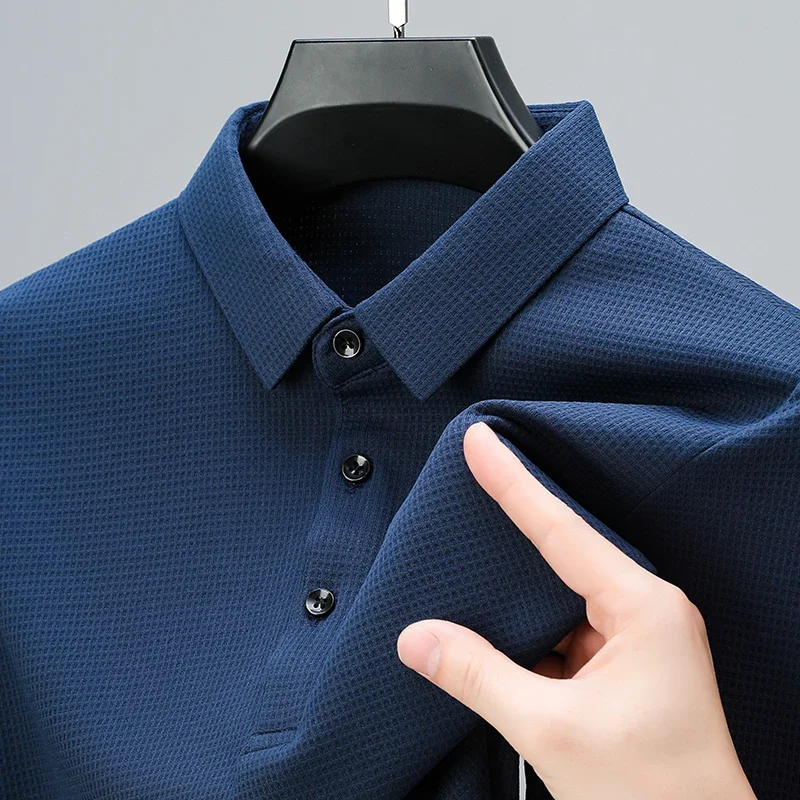 Polo a maniche corte in waffle casual da uomo nuova Top tinta unita alla moda - immagine 2