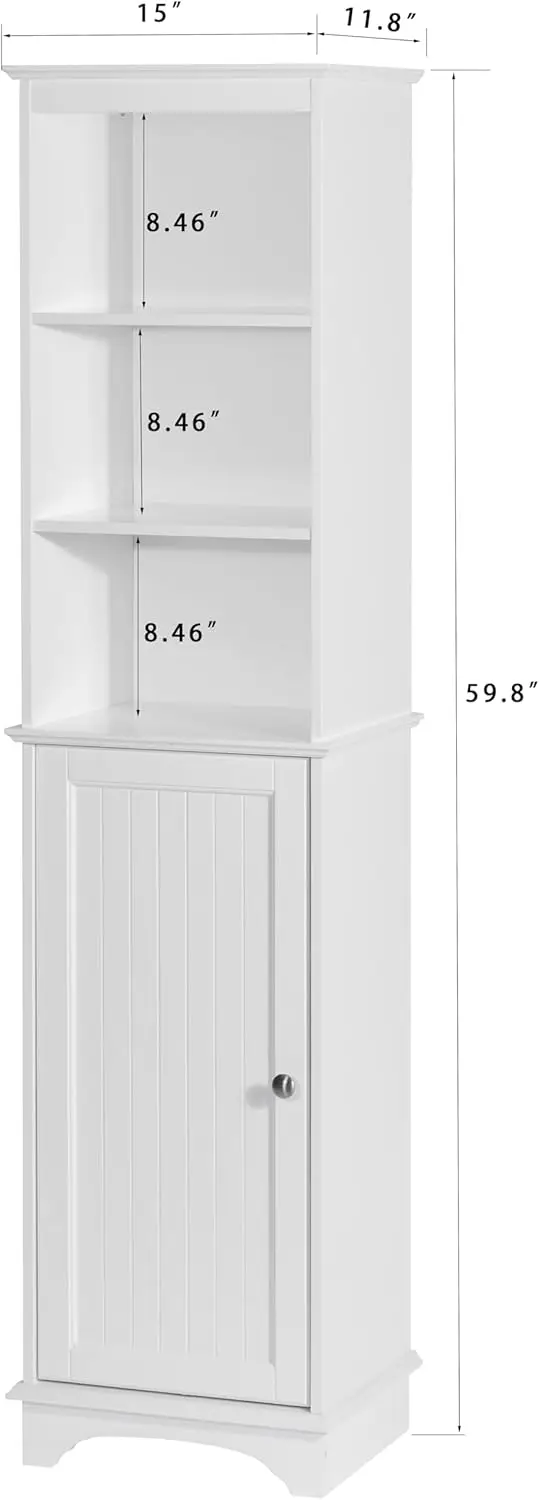 Home Freestanding Storage Cabinet with Three Tier Shelves, Tall Slim Cabinet, Free Standing Linen Tower, White
