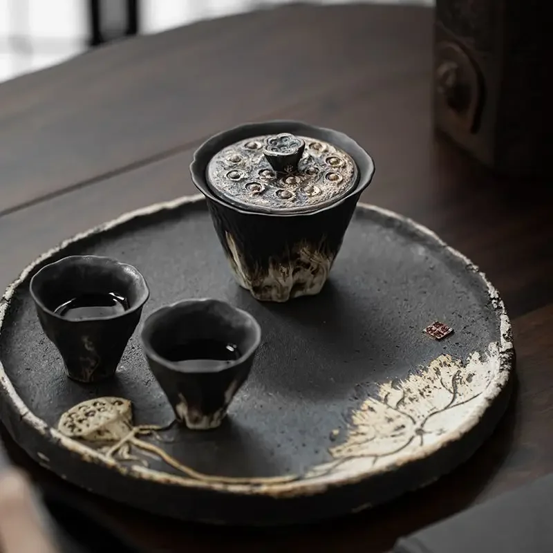 Handmade Embossed Lotus Ceramic Tea TureeWabi Sabi Style Covered Bowl Coarse Pottery Tea Maker Gaiwan Kung Fu Tea Set Gift