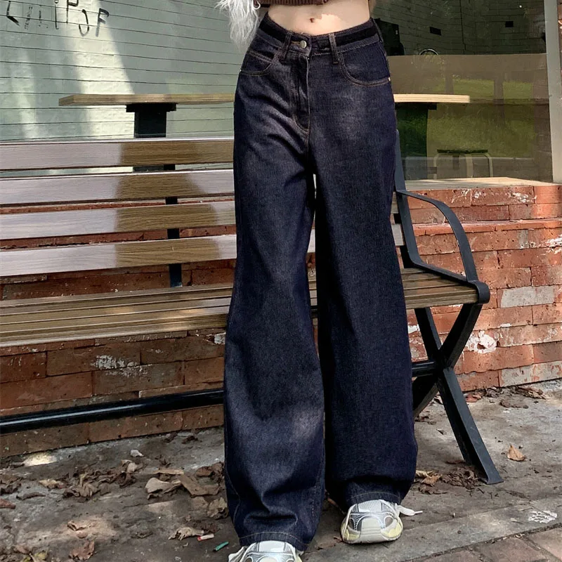 2026 femmes Y2K Dongdaemun marine jambe large Denim pantalon coupe ample drapé pantalon décontracté printemps glisser longueur jean
