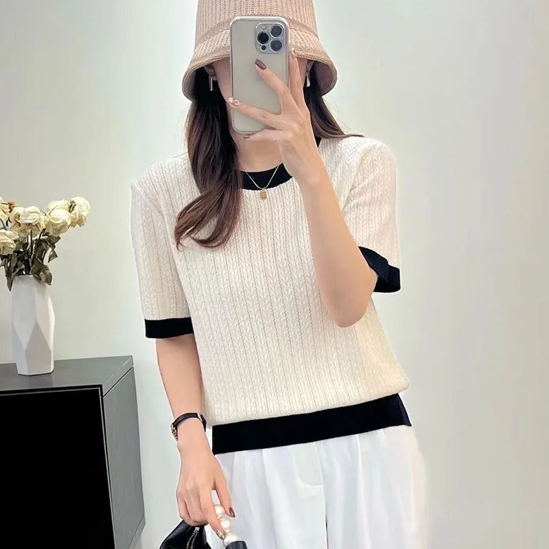 

Модная цветная вязаная футболка в стиле пэчворк с круглым вырезом и вырезами, женская летняя свободная футболка в западном стиле из ледяного шелка с коротким рукавом