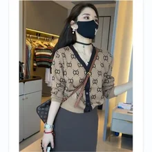 

Women‘s Knitted Cardigan Retro Contrast Color V-neck Letter Luxury Design Autumn Winter Clothes 2022 New