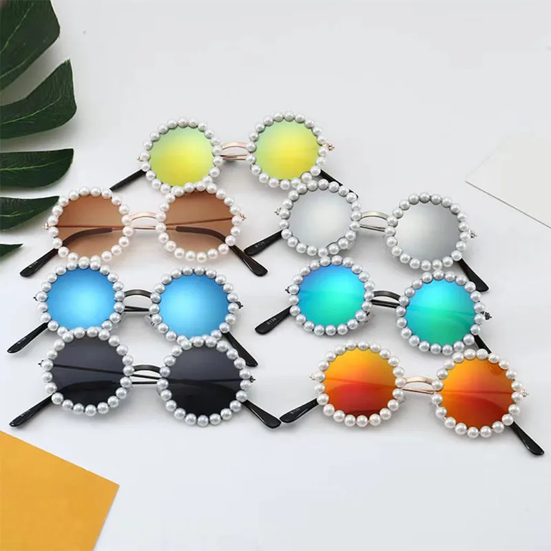 

New Children's Small Frame Circle Sunglasses Girls Decorate Pearl Luxury Sun Glasses Cute Baby Outdoor Sunshade Eyewear UV400