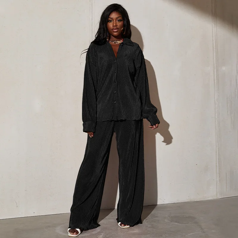 2023 New Street Women's Set Long Sleeve Shirt Tops and Wide Leg Pants Elegant Tracksuit Two Piece Set Sweatsuit Fitness Outfits fitness women jumpsuits casual street solid deep v neck cleavage backless short sleeve overalls skinny concise one piece outfit