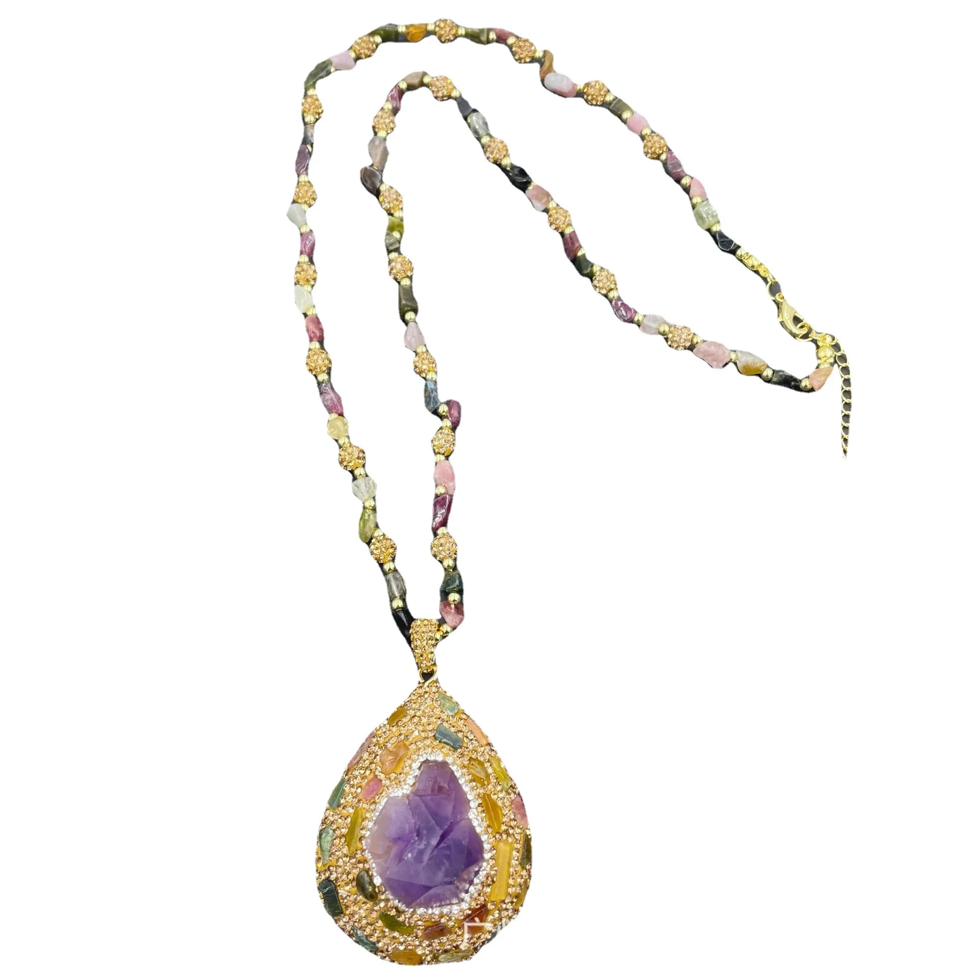 MVN062 Medieval Style Natural Raw Amethyst Rough Stone Inlaid Tourmaline Necklace Fashionable Personalized Sweater Chain