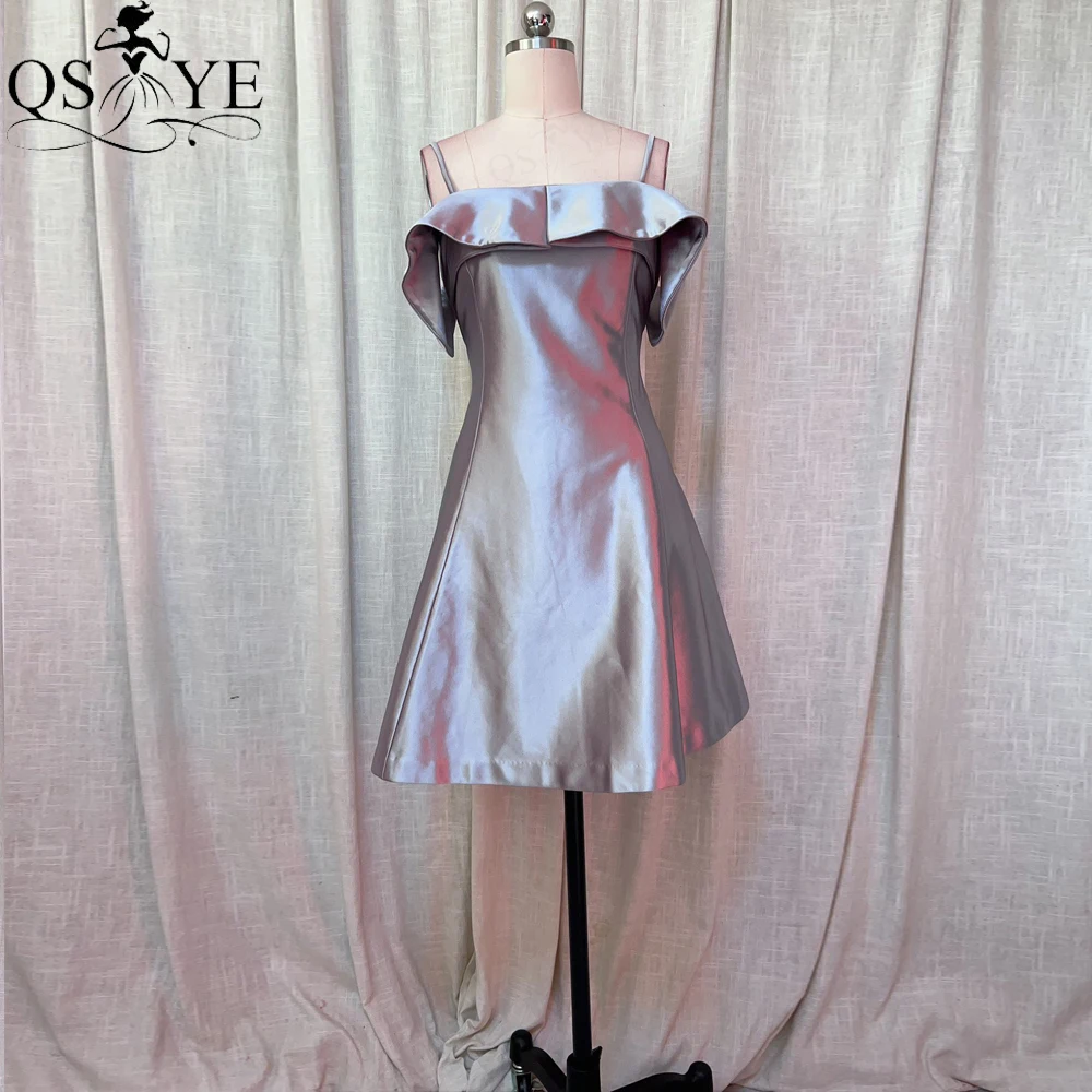 

Shiny Silver Short Prom Dresses A line Taffeta Cute Ruffles neck Evening Gown Spaghetti Straps Mini Grey Silver Party Gown