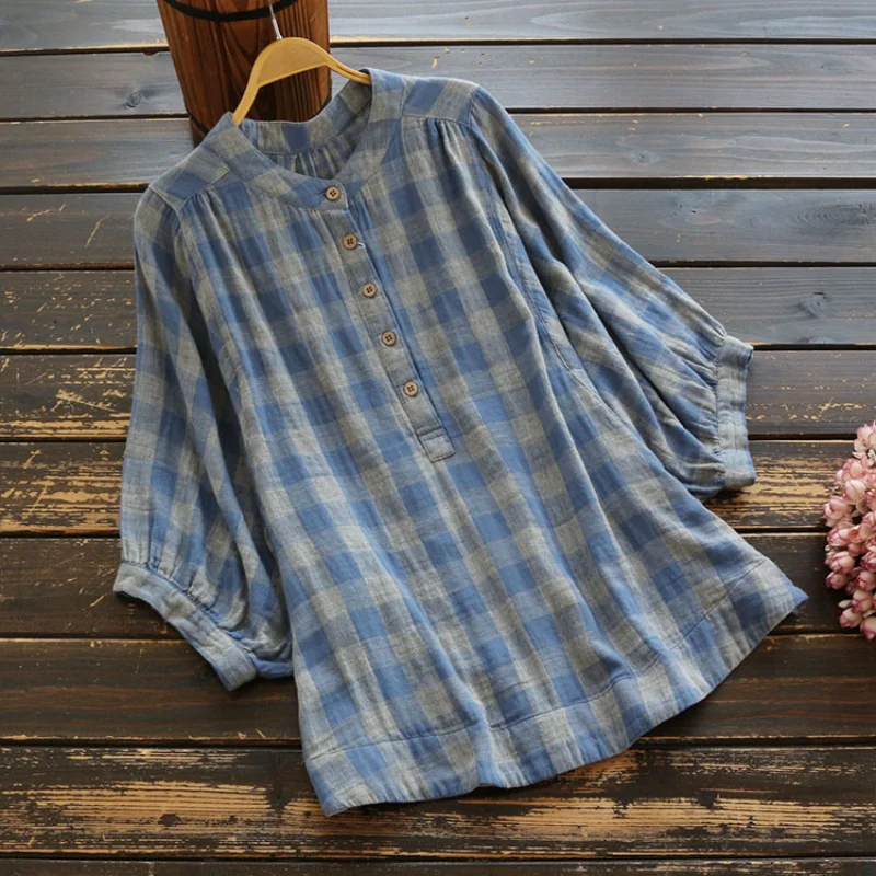 

Double Cotton Plaid Shirts for Women Summer Vintage Loose Lantern Sleeve Bat Shirt Camisas De Mujer