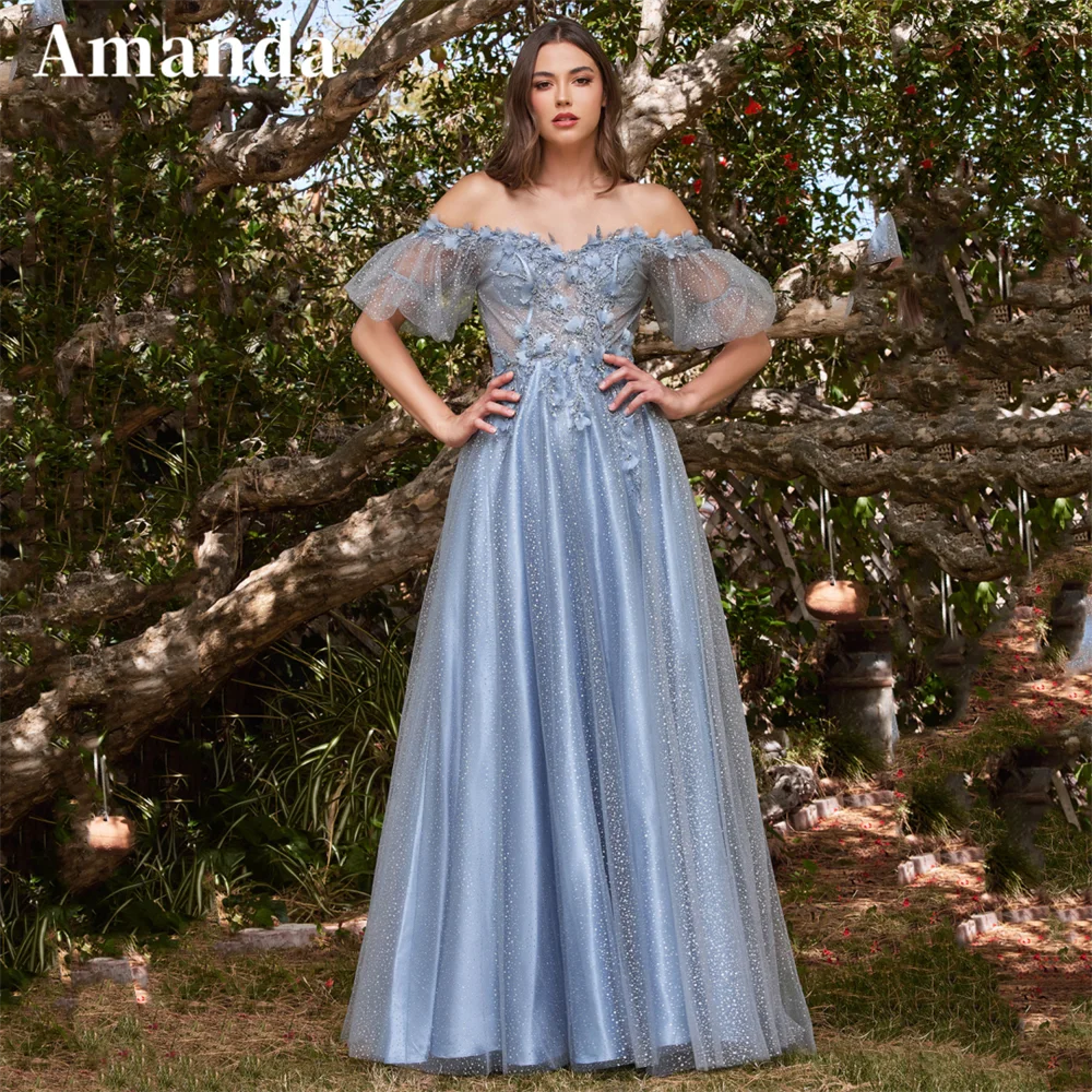 

Amanda Shiny Blue Puffy Sleeve Gown 3D Flower Embroid Prom Dress 2023 Elegant Off Shoulder Party Dress فساتين مناسبة رسمية