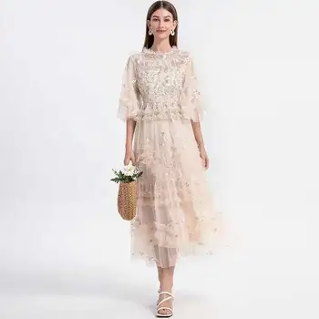 Runway Luxury Long Dresses Women 2026 Summer Holiday Embroidery Flower Ruffles Midi Party Evening Dress Lady Prom Vestidos 1