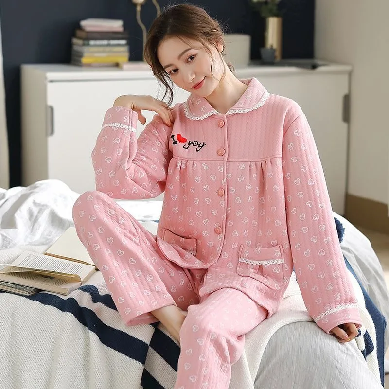 2024 New Autumn Winter Sandwich Cotton Pajamas Women's Long Sleeved Loose Oversized Sleepwear Thickened Warm Homewear Set