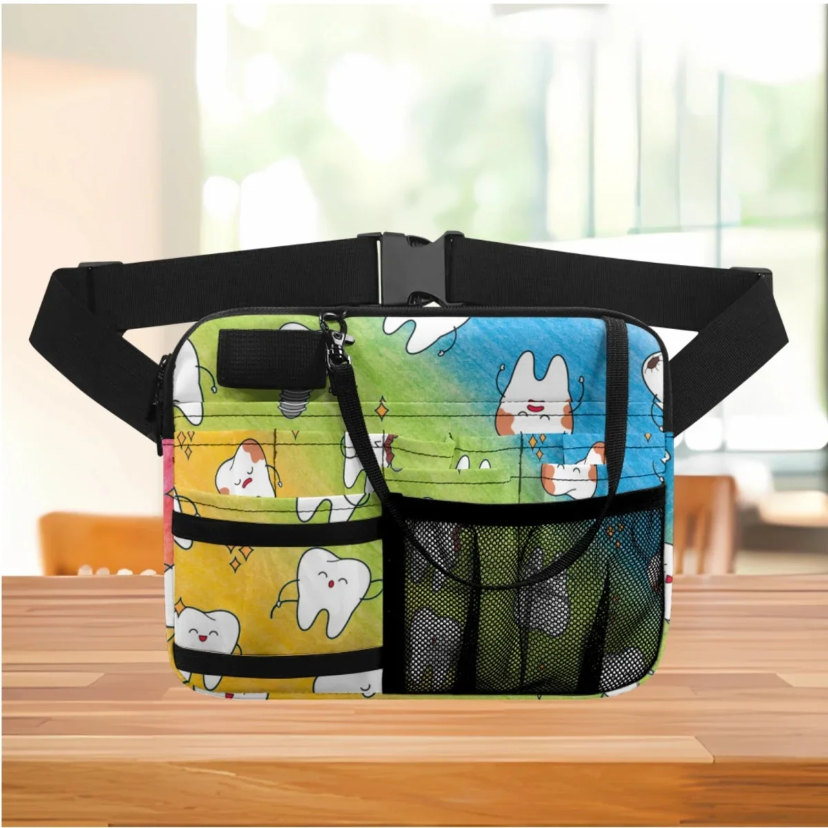 Cartoon Colorful Tooth Dentist Designer Fanny Pack Multi Compartment Medical Belt Bags for Stethoscopes Bandage Scissor Female