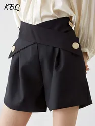 KBQ Spliced Buttons Folds Elegant Shorts For Women High Waist Patchwork Pocket Loose Minimalist Short Pants Female Clothing New