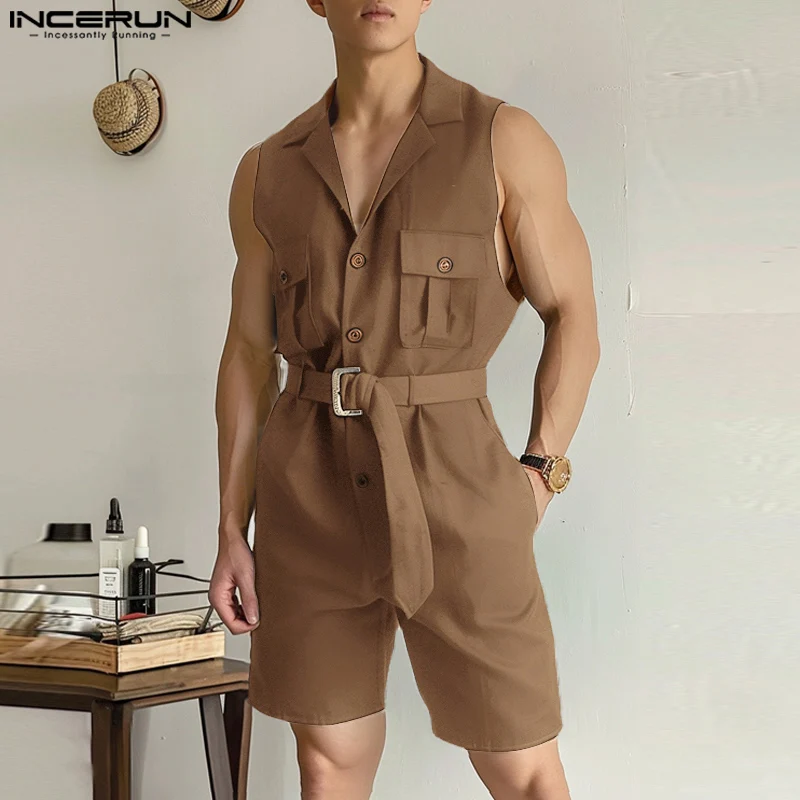 INCERUN 2024 Korean Style Jumpsuits Mens Summer Fashion Rompers Shorts Casual Solid Well Fitting Belt Sleeveless Bodysuits S-5XL 3