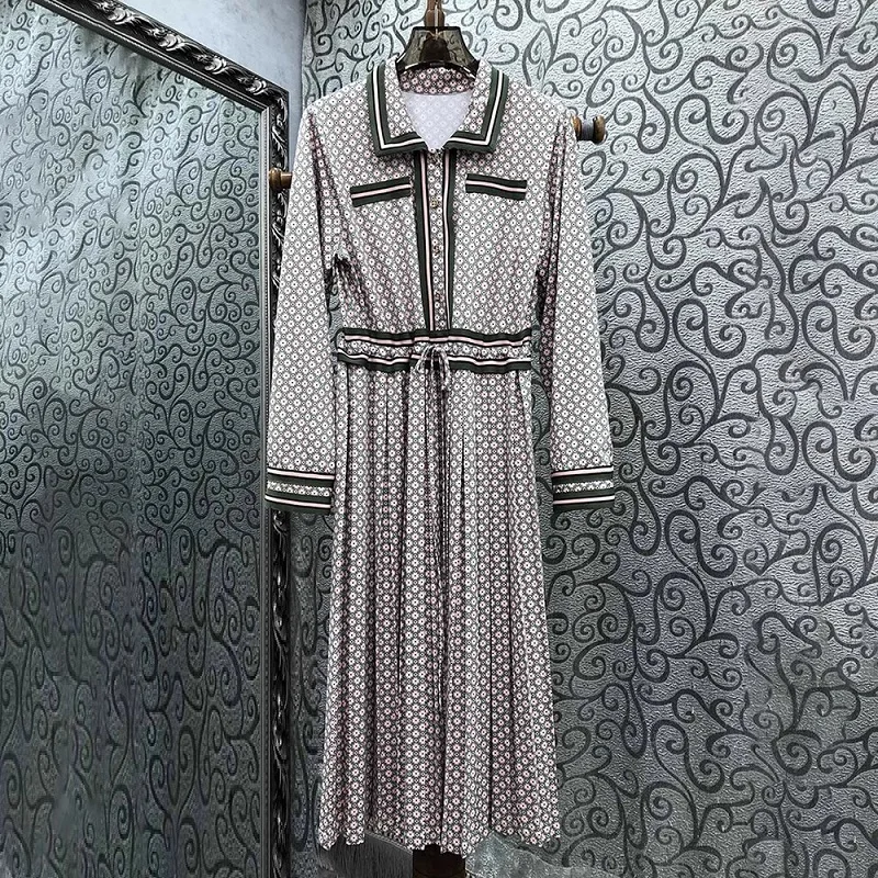 

Top Quality New 2023 Autumn Fashion Designer Dress Women Turn-down Collar Vintage Prints Drawstring Waist Long Sleeve Dresses