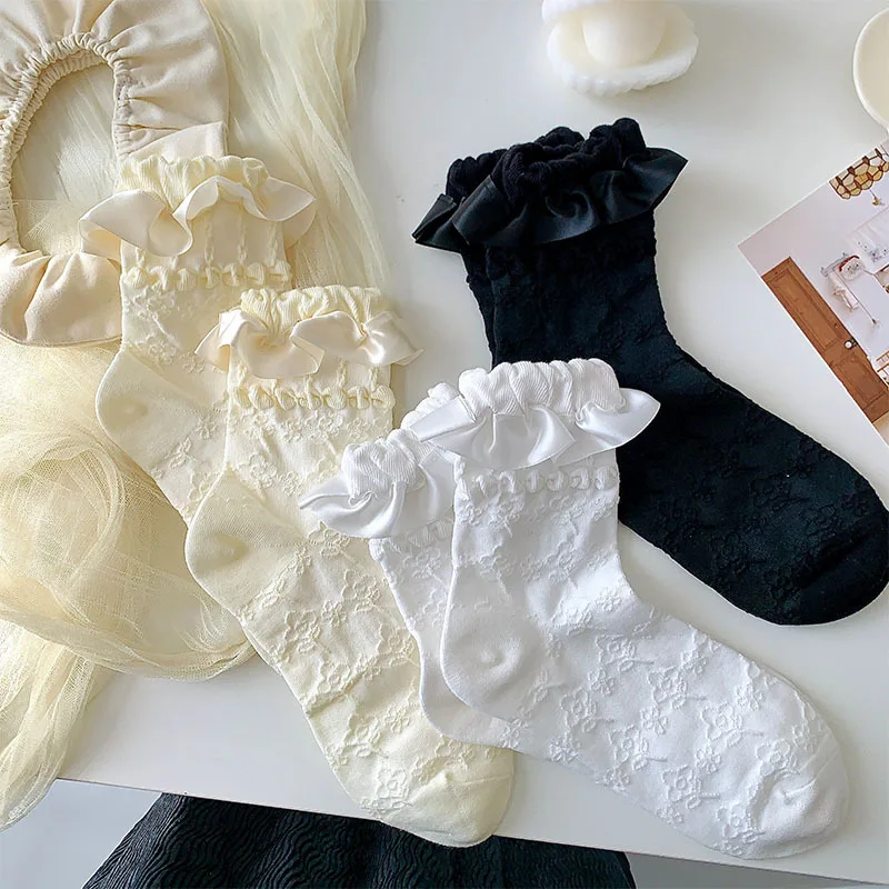 

Lolita Frilly White Socks Women JK Flower Socks Female Sweet Long Cotton Socks Girls Ankle Dress Calcetine Medias