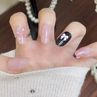 24PCS Cute Red Bowknot Short Oval Press on Nail with Glue Cartoon Cat Glossy French Fake Nails for Girls Wearable Ins Nail Tools 3