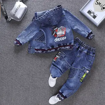 Bambini Primavera Autunno Ragazzo Ragazza 2 pezzi Set di abbigliamento Cappotto di jeans con cappuccio in cotone + Pantaloni jeans solidi Completi per neonati