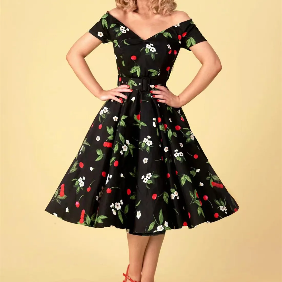 Summer Women Vintage 50s Cherry Print Short Sleeve Swing Dress Cotton  Rockabilly Off Shoulder Pinup Vestidos Jurken Robe - Dresses - AliExpress