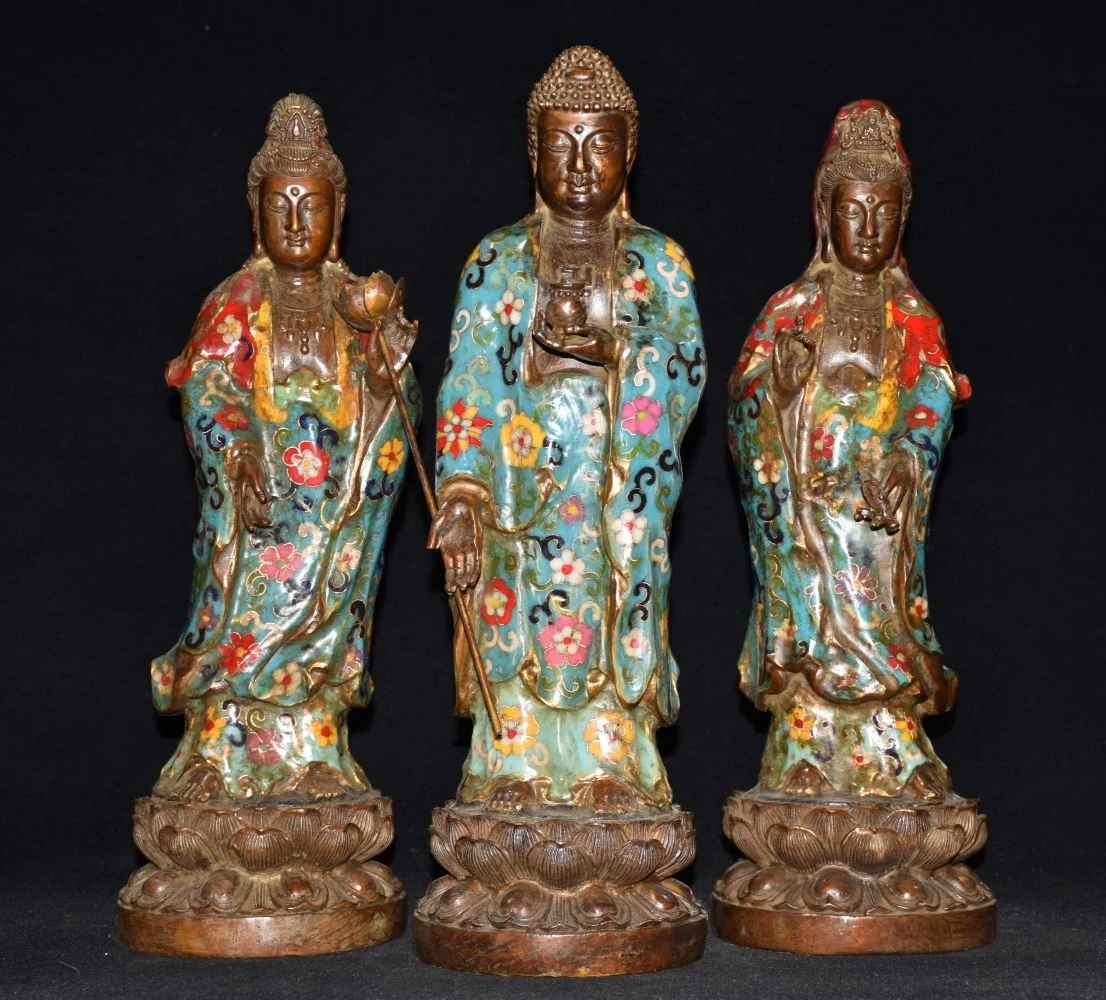 

12"Tibetan Temple Collection Old Bronze Cloisonne filigree Three Saints of the West set Shakyamuni Guanyin Standing Buddha