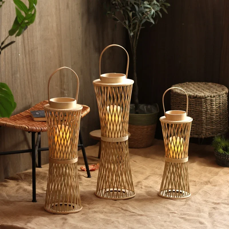 

Retro Handmade Bamboo Weaving Candle Holder Homestay Living Room Decoration Window Ornaments New Chinese Portable Candlestick