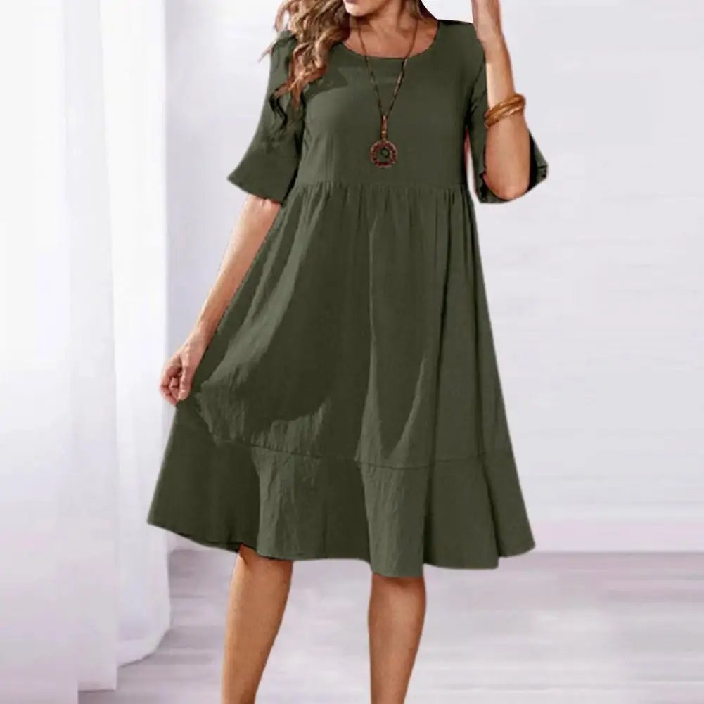 

Summer Dress O-Neck Flared Short Sleeve Midi Dress Colorfast High Waist Ruffle Flowy Hem Casual Dress Streetwear