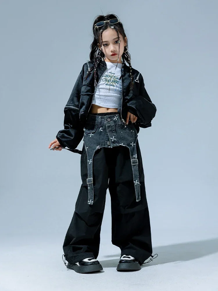 Jazz Street Dance Wear Ballroom Hip Hop Stage Costumes Children is Jazz Dance Performance Clothing Girls Denim Waistband Suit
