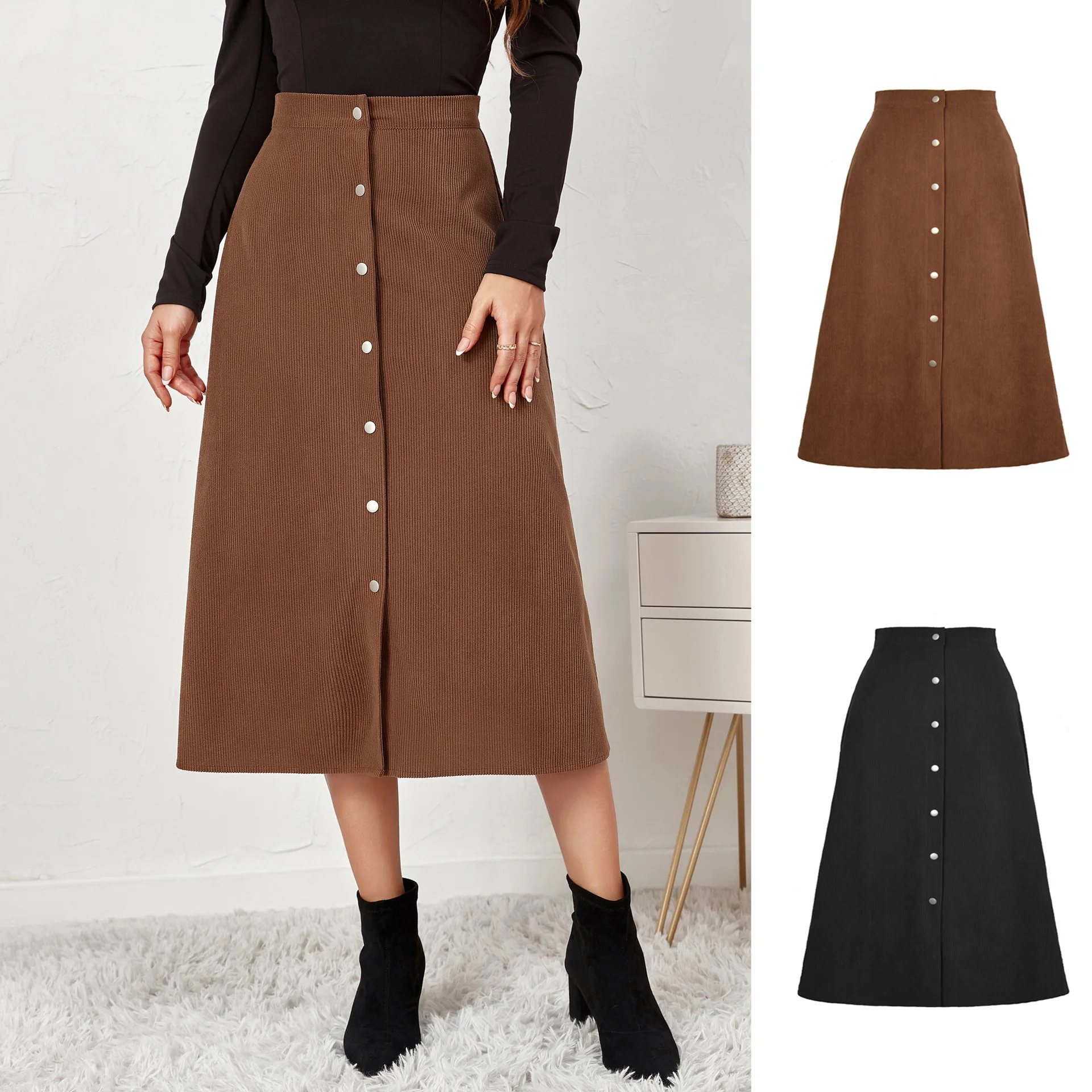 2022 Autumn And Winter New Women's Long Skirts Boutique Corduroy Skirts Single-Breasted High-Waisted Women's Long Skirts