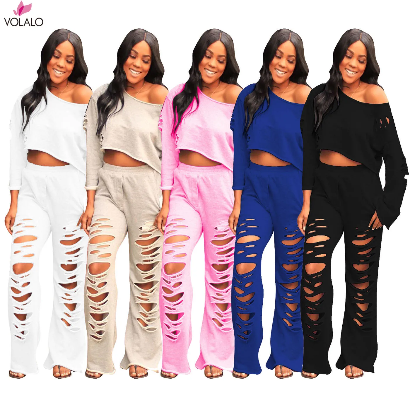 

VOLALO 2 Two Piece Set Women Ribbed O Neck Crop Top and Long Pants Set Casual Autumn Spring Tracksuit Women Conjunto Feminino