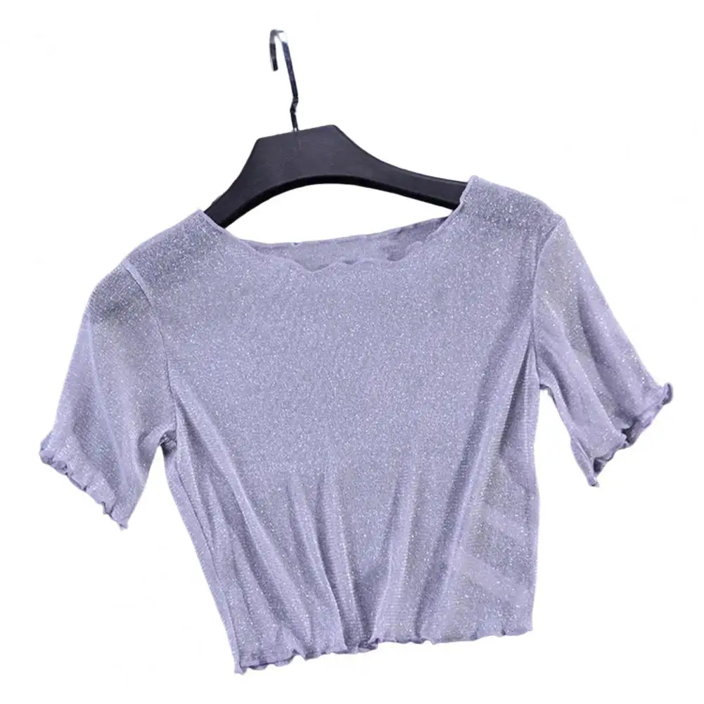 

Popular Female Perspective Lace Crop Tops Women T-shirt 3D Cutting Versatile