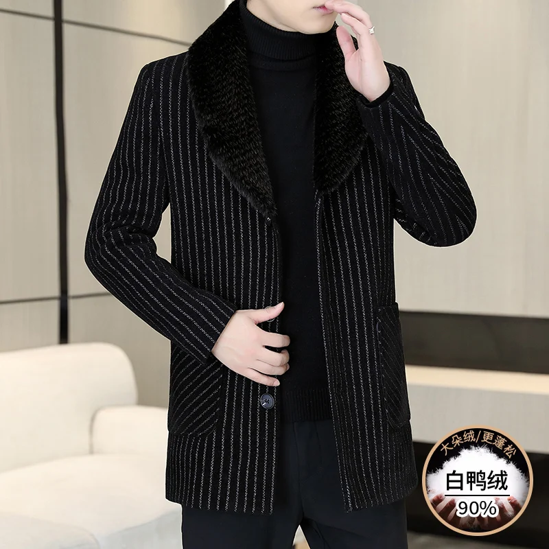 

High Quality 90% White Duck Down Luxury Big Fur Collar Overcoats Mens Winter Warm Trenchcoats Gentleman Down Jackets Boss Father