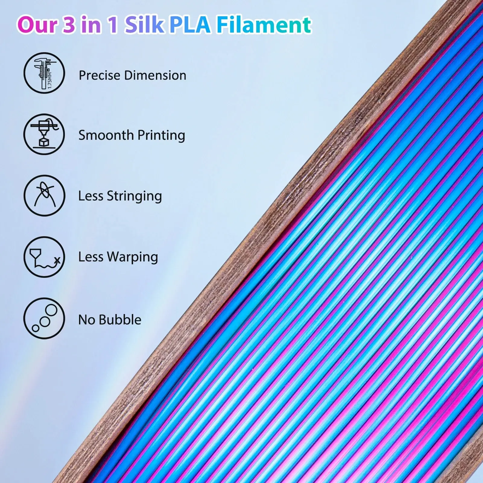 실크 PLA 3D 프린터 필라멘트, 트리플 컬러 실크 PLA 필라멘트, 250g, 3 인 1 컬러, 로즈 레드 스카이 블루 그린, 1.75mm