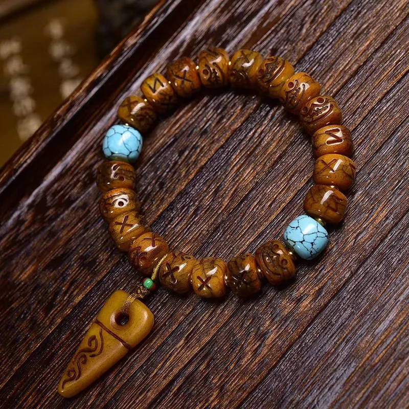 

Backflow Carving Corpse Tuolin Crafts Single-Wrap Men and Women Retro Tibetan Camel Bone Barrel Shaped Bea Bracelet