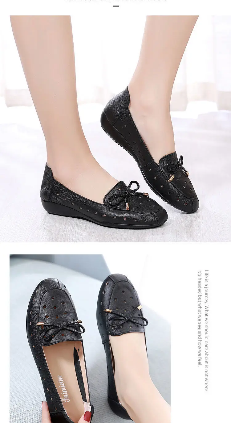 2022 Summer Mom Cowhide Leather Moccasins Woman Slip On Wedges Shoes Designer Breathable Hollow Out Bowtie Ballet Flats