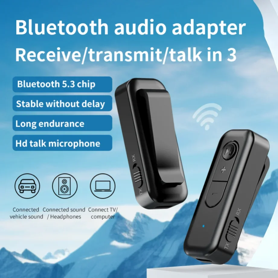 블루투스 5.3 스테레오 송신기 리시버, 2 in 1 차량용 블루투스 어댑터, 무선 3.5mm Aux 잭 어댑터, 차량용 키트 마이크..