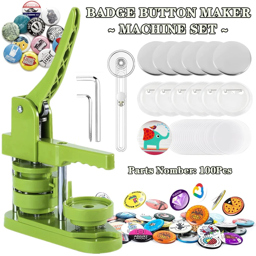 Badges Button Maker Machine Kit with 100Pcs Parts+Circle Cutter, 25-58MM Pin Button Making Machine Set, DIY Pin Badge Press Set