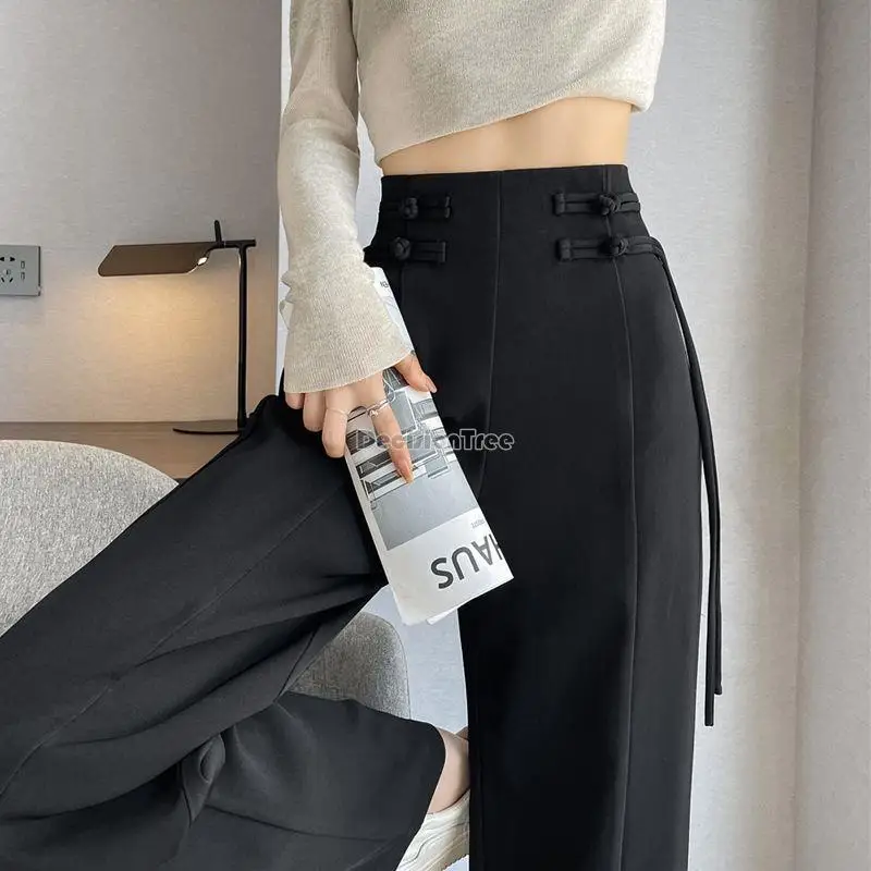 new chinese improved trousers oriental pan button suit pants for women high waist relaxed lady daily straight leg pants
