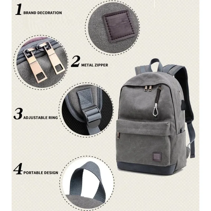 New Canvas Men Women's Backpack USB Rechargeable Outdoor Travel Bags Trendy Breathable Bag Junior High School Student School Bag