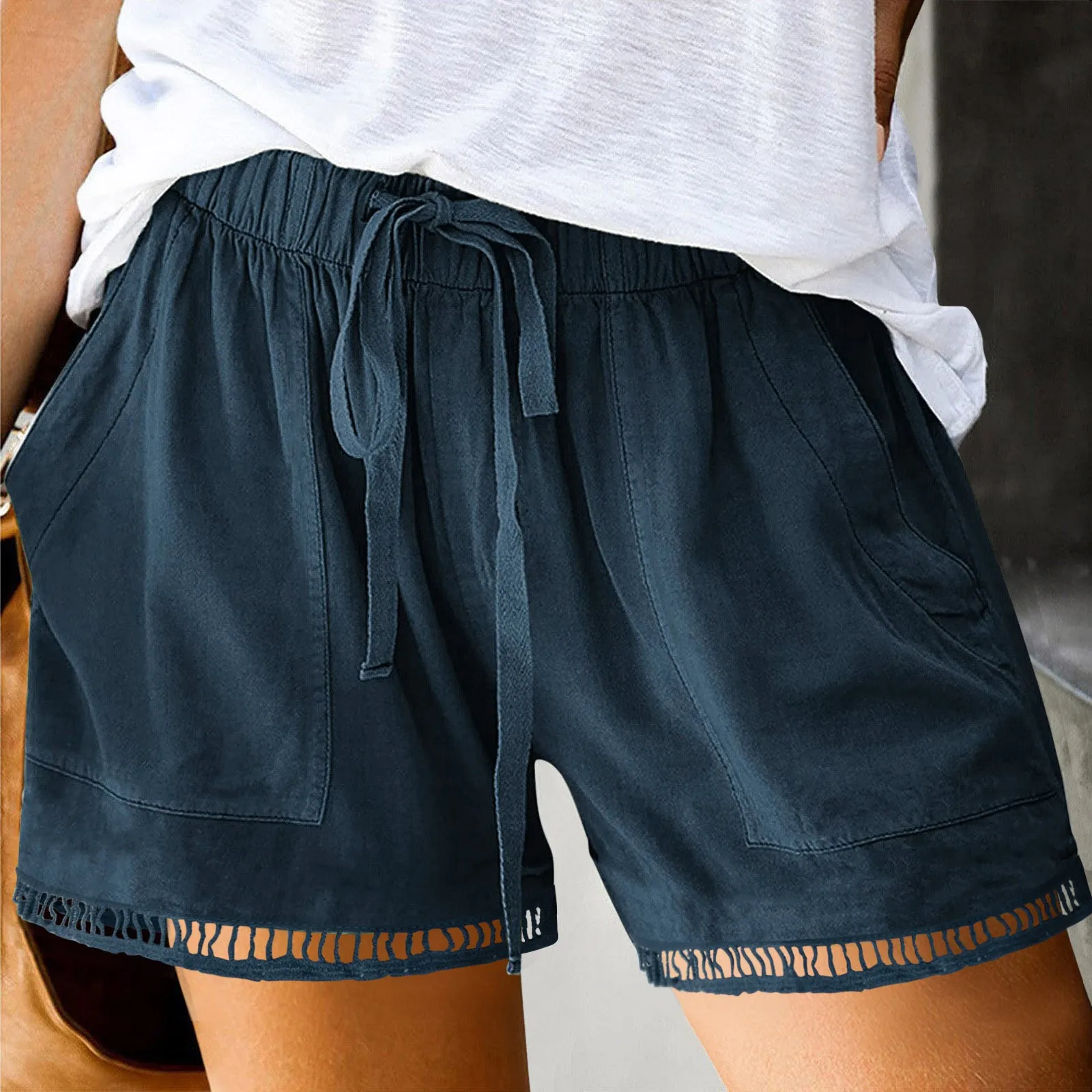 

Women's Summer Casual High Waisted Lace Up Shorts With Multiple Pockets Solid Elegant Loose Comfy Soft Lace Women's Shorts