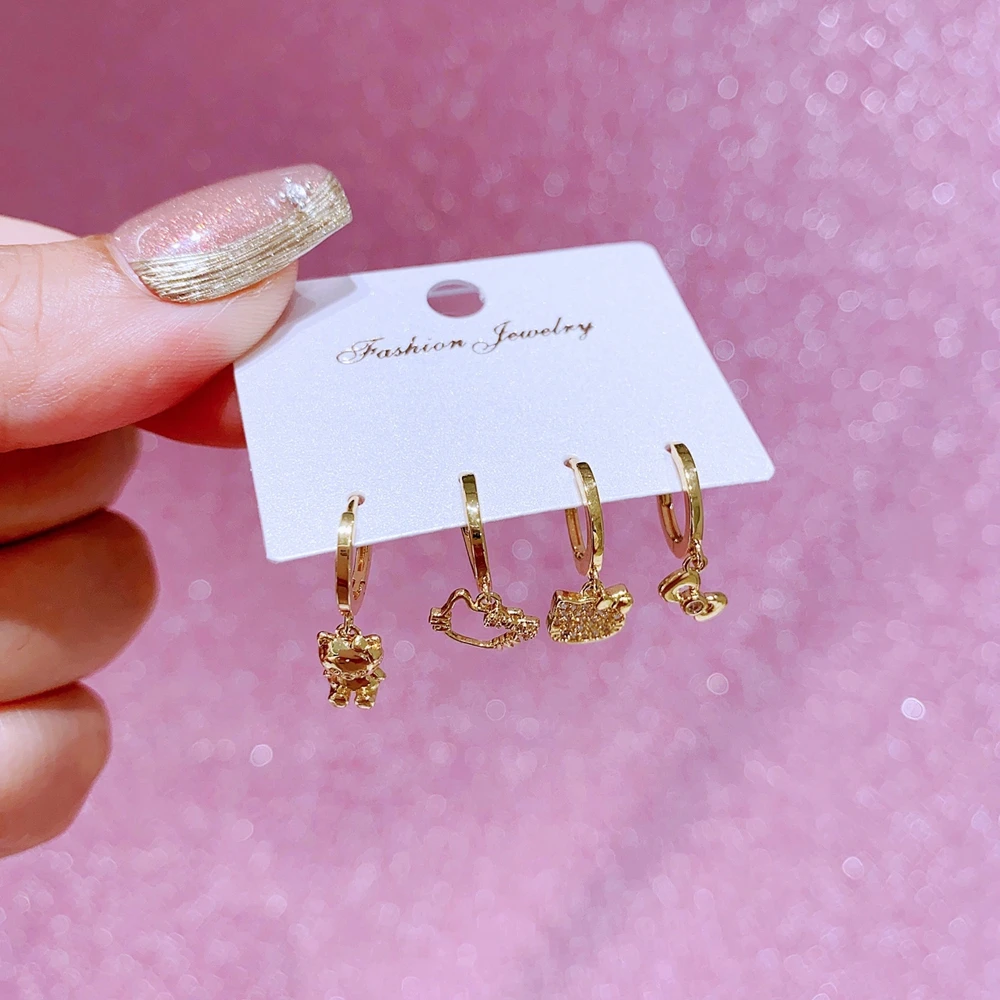 MIGGA 4pcs Sweet Bowknot Cat Cartoon Dangle Earrings Set for Women Girls Gold Plated Cubic Zircon Jewelry 2