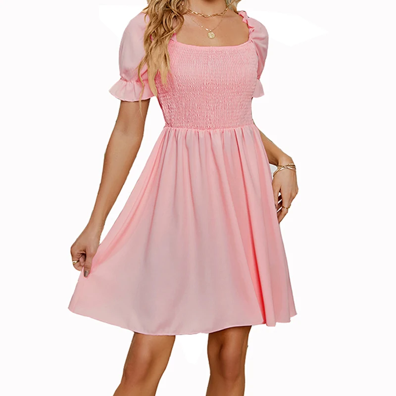 

Elegant Summer Midi Dress Women 2023 Pink Solid Casual Loose Floral Female Clothing Trendy Flying Sleeves Short Ladies Dress