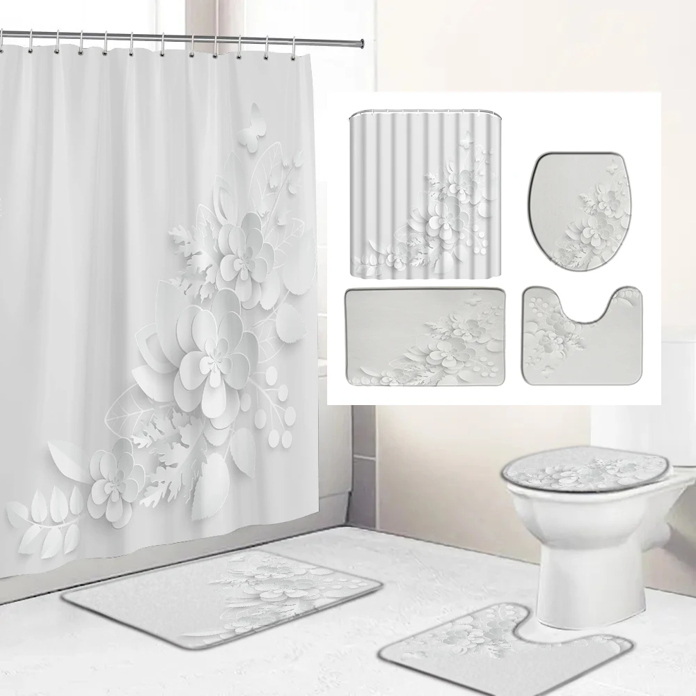 3D Style Shower Curtain Bathroom Curtain with Bath Rug Carpet Set Floral Home Decor Elegant Bouquet of Flowers