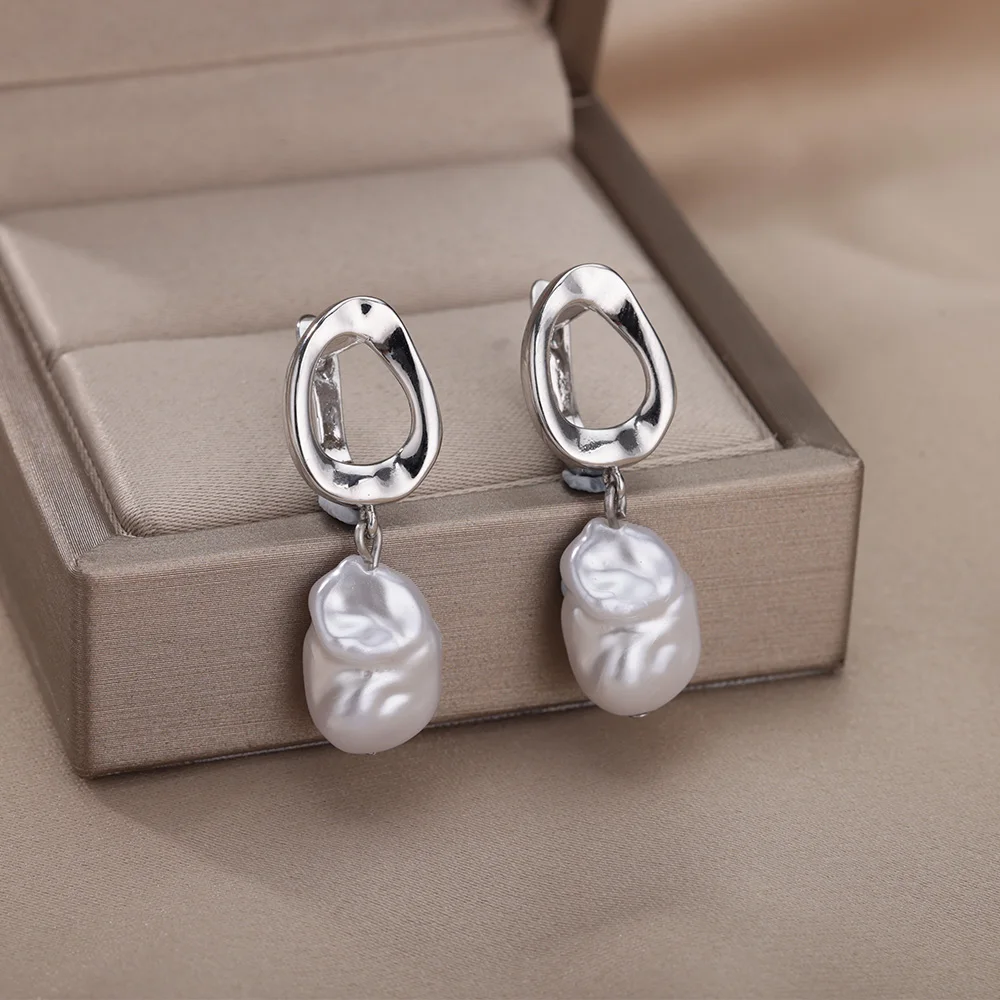 Women Pearl Drop Earrings Stainless Steel Zircon Water Droplet Wedding Party