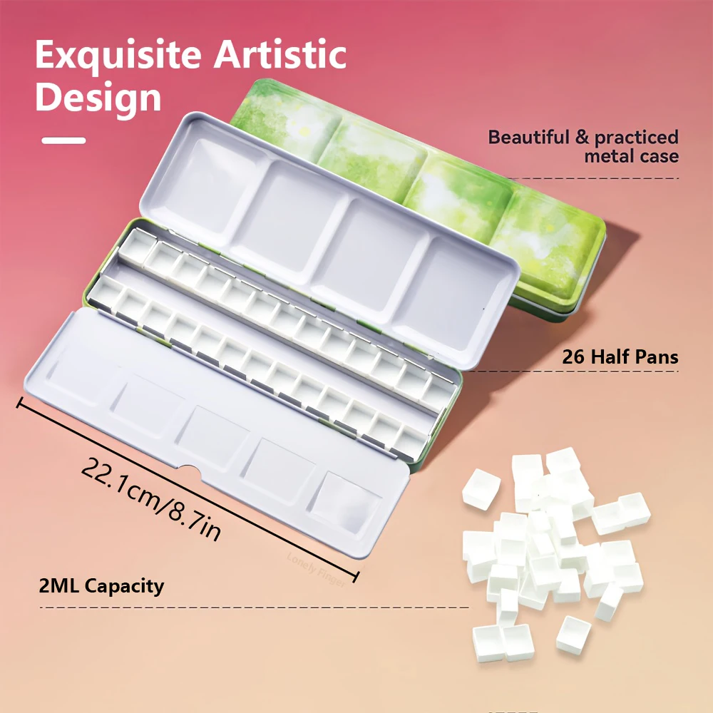 26개의 하프 팬과 접힌 팔레트가 있는 빈 수채화 트레이 팔레트 구아슈 유화용 휴대용 금속 상자