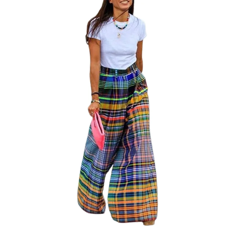 Lemongor 2023 New Arrivals Stylish Selection Wide Leg Pants Summer Checkerboard Printed Loose Casual Going Out Bottoms For Women