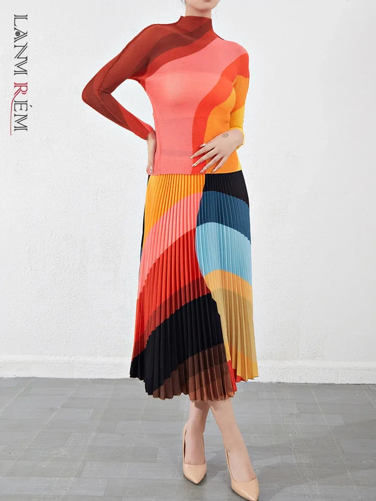 

LANMREM Color Block Pleated 2 Piece Set Women Long Sleeves T-shirt High Waist A-line Skirt Fashion 2023 New Clothing 2AA3643