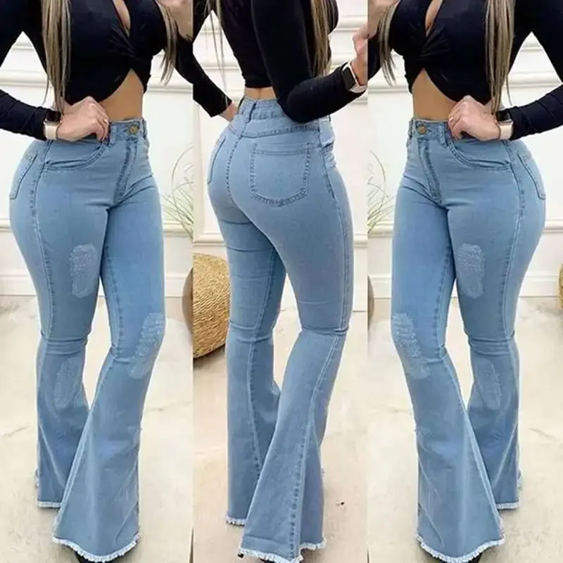 Women Denim Jeans High Waist Stretch Baggy Pants Ripped Sexy Elegant Woman Wide Leg Flare Pants Jean Femme Trousers Pantalon