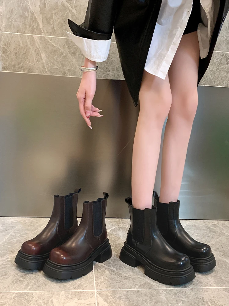 

Женские ботинки с круглым носком, туфли на высоком каблуке-женские ботинки челси на шпильке, резиновая обувь по щиколотку, осень 2023, Женская обувь в Стиле Лолита, ретро, базовая искусственная кожа