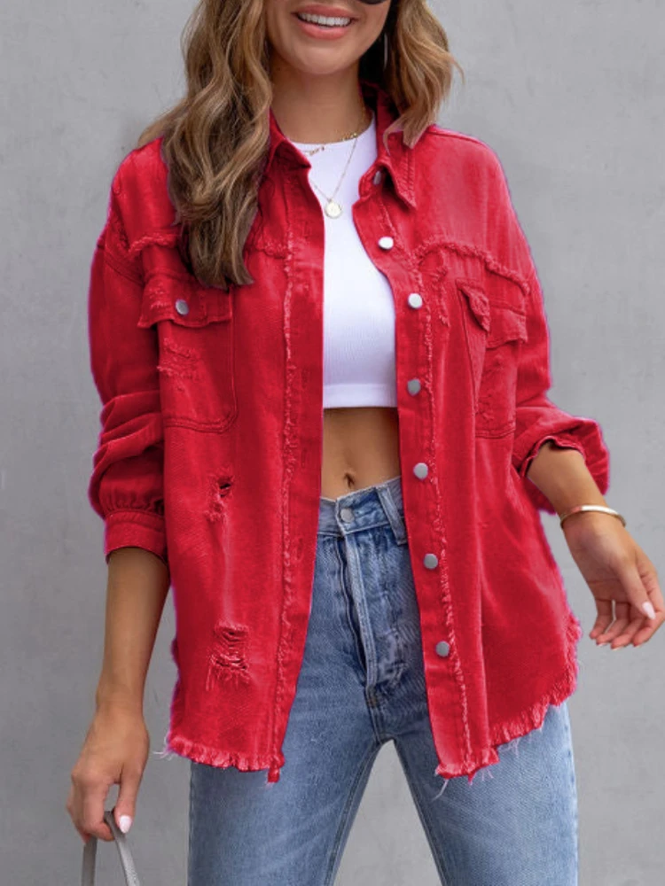 Womens Denim Jacket New In Rough Selvedge Ripped Jacket Women's Autumn Loose Casual Lapel Coat Y2k Tops Fashion Trendsetters