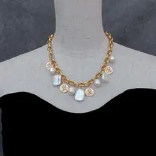  YYGEM  Freshwater Cultured White Rice Rectangle Keshi Pearl Charm Gold Plated Chain Necklace 