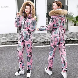 2022 One Piece Snow Suits for Women Warm Winter Windproof  Ski Suits Snowboard Jumpsuit Fur Hood Skiing Parka Snow Tracksuits